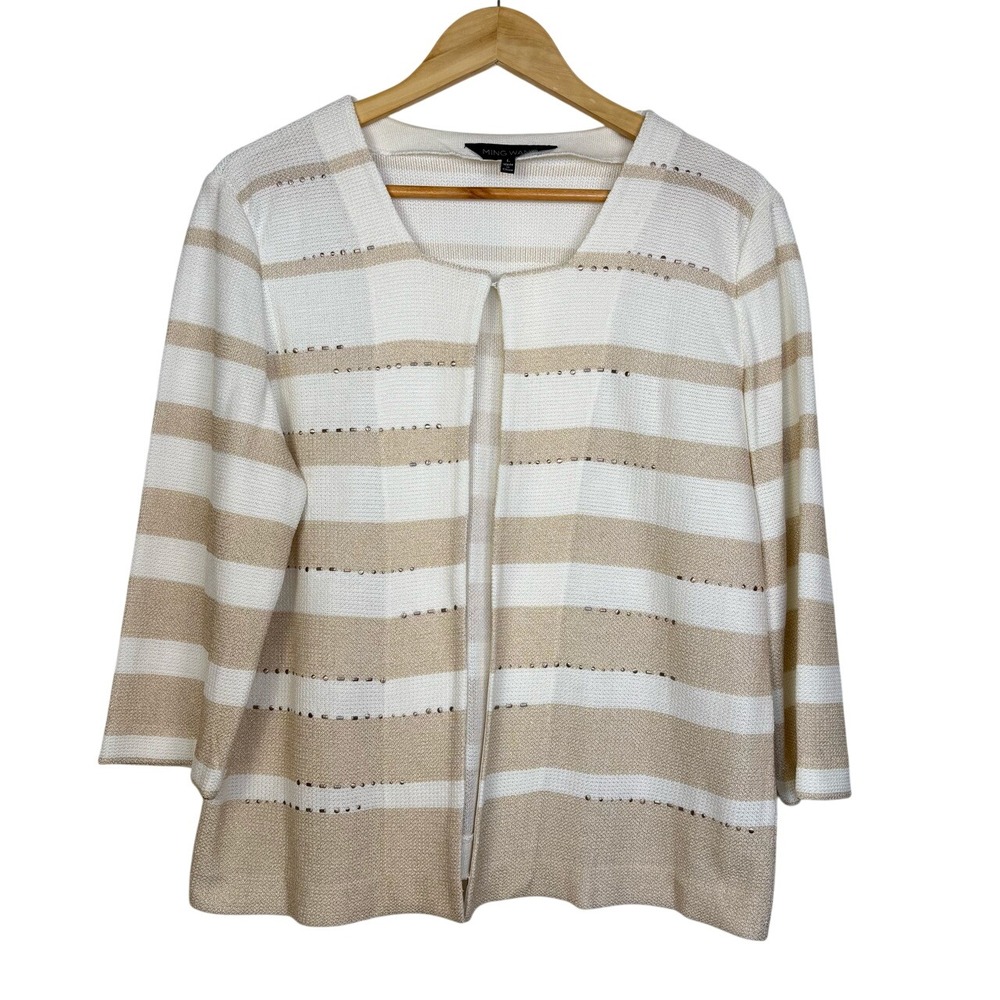 Ming Wang Studded Striped Knit Cardigan Jacket Large Cream Preppy Grandma Office